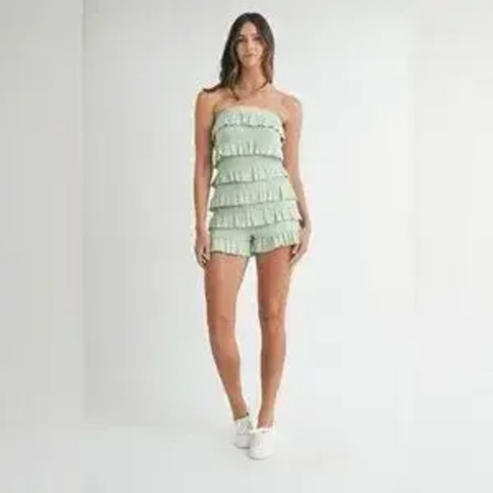 MABLE Pointelle Knit Fabric Ruffled Tube Romper - Picture 9 of 10